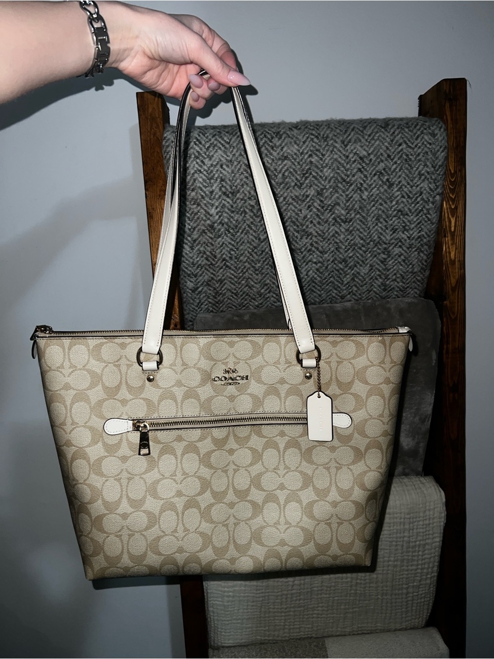 Coach Beige Signature Canvas Tote with Cream Leather Straps